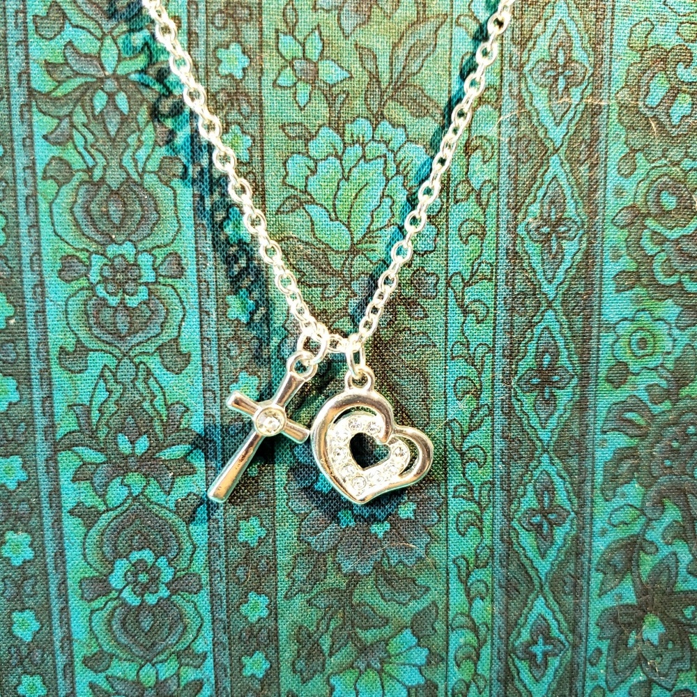 Silver Plate Necklace with 2 Charms Cross & Heart
